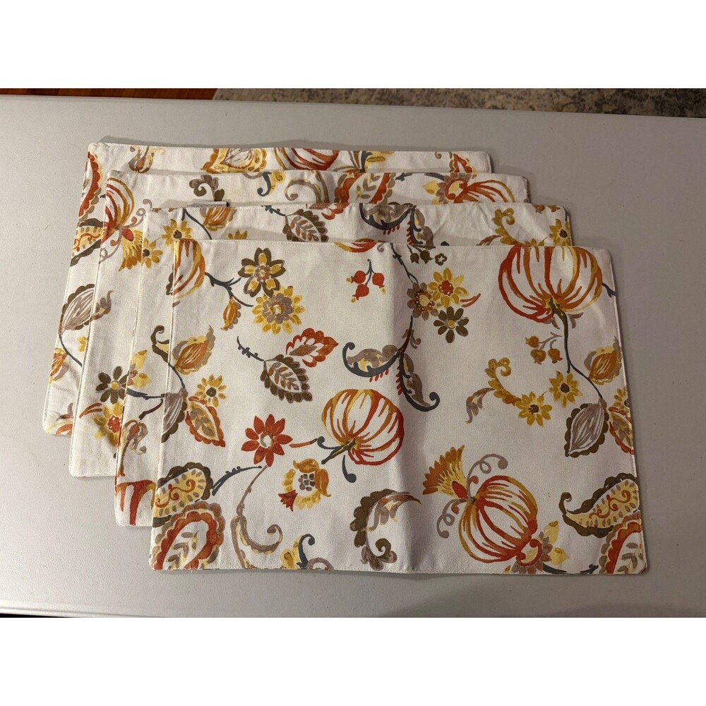 Envogue Painted Autumn Gourd Pumpkin Vines Rust Orange Taupe Placemats Set of 4
